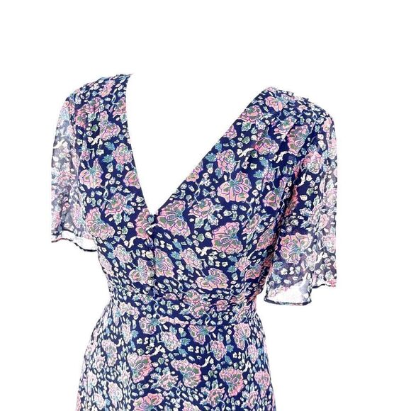 Madewell Floral Chiffon Dress Size 0 V-Neck A-Line Navy Pink Boho Romantic Lined - Picture 2 of 13